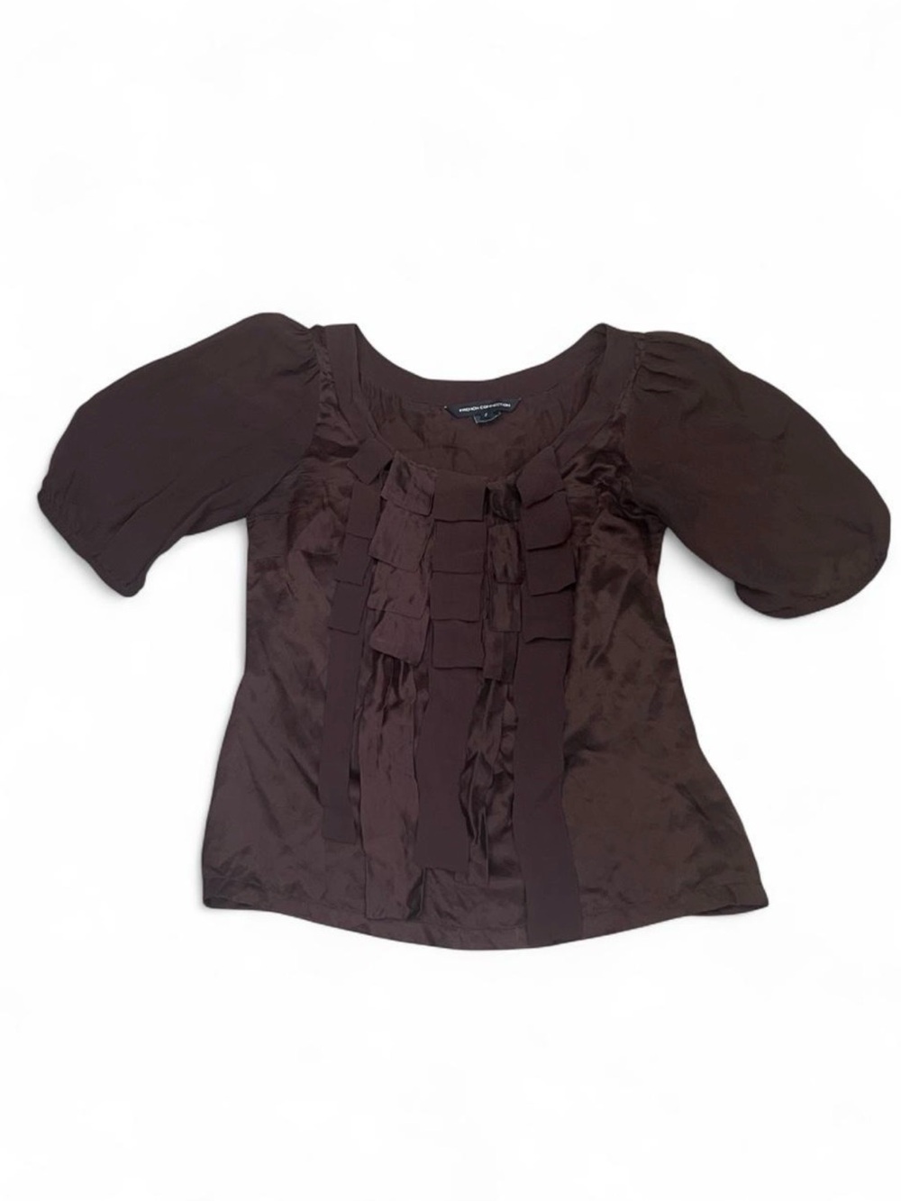 French Connection Silk Blouse Chocolate Brown Ruffle-Front Puff Sleeve Top Sz 2
